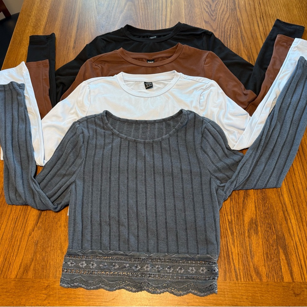 Set of Four Long Sleeve Crop Tops in Slate Blue, Powder Blue, Black, and Brown
